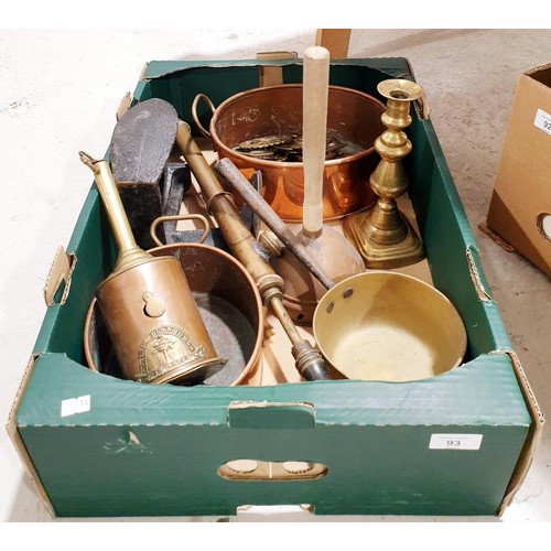 93 - A box of metal ware including a clockwork spit turner, which is A/F. No shipping. Arrange collection... 