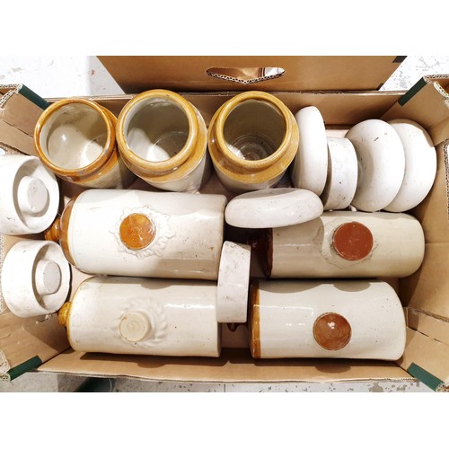 110 - Two boxes of stoneware, other ceramics and a Bakelite bed warmer. No shipping. Arrange collection or... 