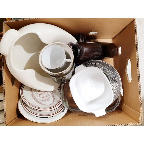 110 - Two boxes of stoneware, other ceramics and a Bakelite bed warmer. No shipping. Arrange collection or... 