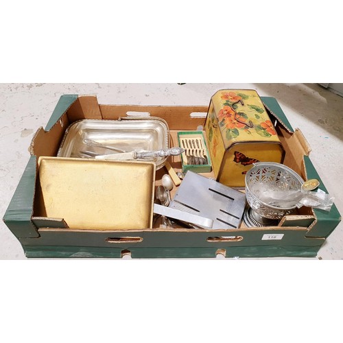 116 - A box of metal ware including an Art Deco cigarette box. No shipping. Arrange collection or your own... 