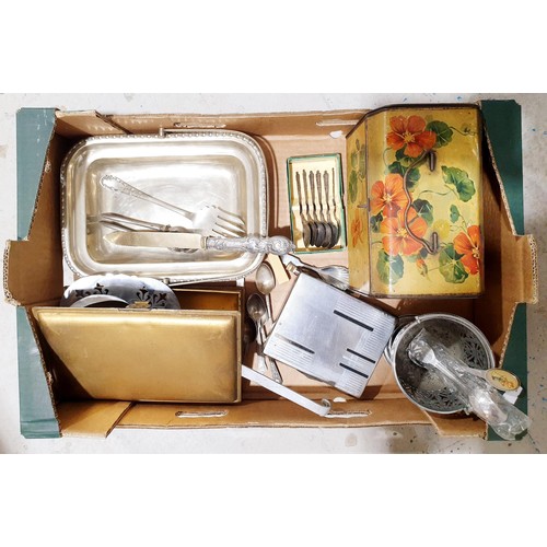 116 - A box of metal ware including an Art Deco cigarette box. No shipping. Arrange collection or your own... 