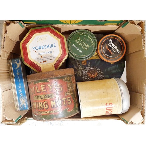 117 - Two boxes of tins including a Riley's of Halifax Chewing Nuts and two musical. No shipping. Arrange ... 
