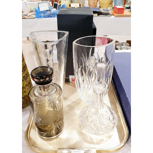 152 - A Thomas Webb crystal vase, height 29.5cm together with one other vase and two decanters. No shippin... 