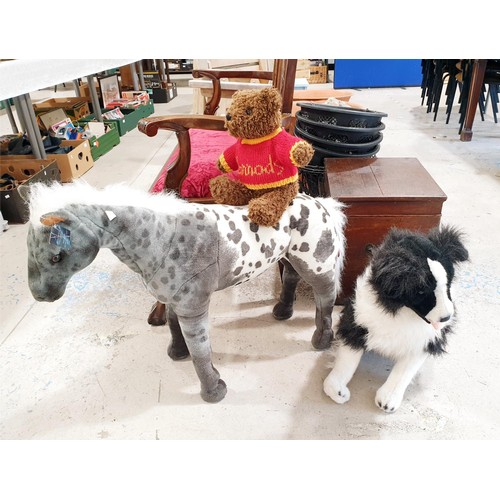 165 - A large soft toy in the form of a pony, length 90cm together with a soft toy border collie and a Har... 