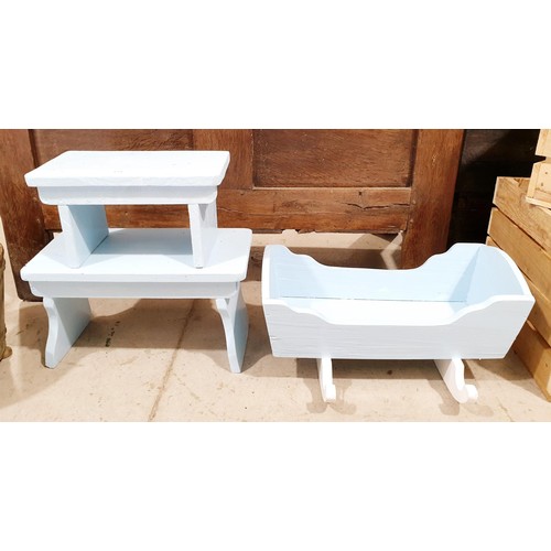 171 - Two wooden stools, the widest 43cm together with a wooden doll's crib. No shipping. Arrange collecti... 