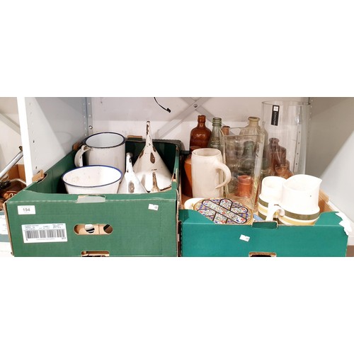 194 - Two boxes including enamel ware and vintage bottles. No shipping. Arrange collection or your own pac... 