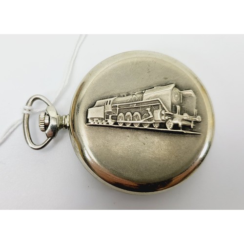 50A - A Russian Molnija pocket watch with relief steam train motif, diameter 5cm. UK shipping £14.