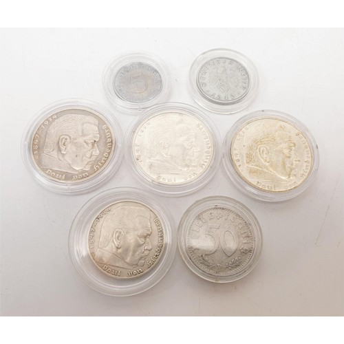 16 - A selection of Third Reich Nazi coins including four silver content. UK shipping £14.