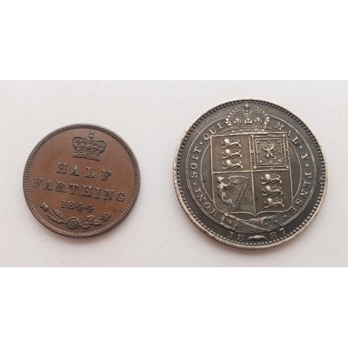 19 - A Victorian half farthing 1844, and silver content shilling 1877, both in excellent condition. UK sh... 