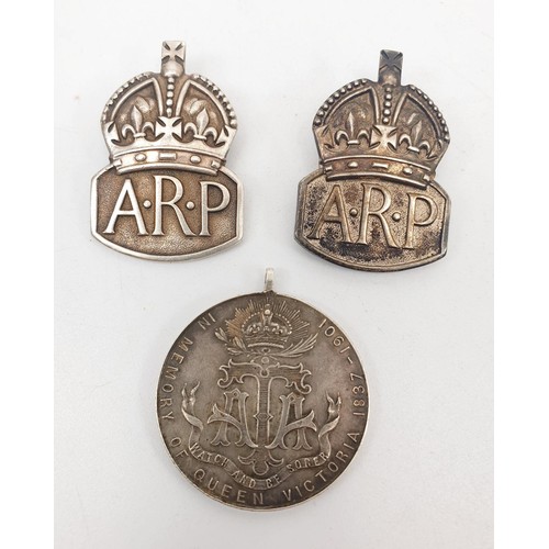 230 - Two WWII hallmarked silver ARP warden's lapel badges and white metal Victoria Temperance medal. UK s... 