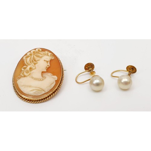 3 - A cameo brooch in a 9ct gold mount, length 3cm together with a pair of 9ct gold and faux pearl earri... 