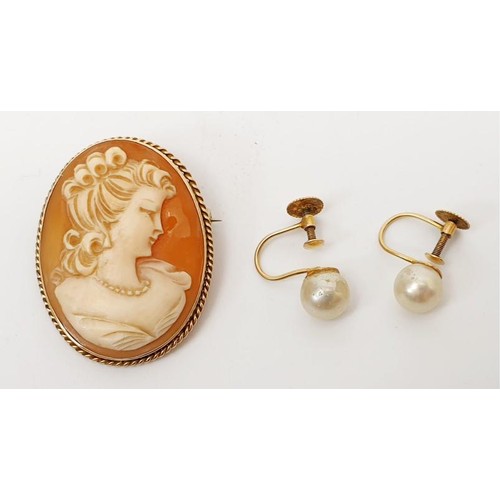 3 - A cameo brooch in a 9ct gold mount, length 3cm together with a pair of 9ct gold and faux pearl earri... 