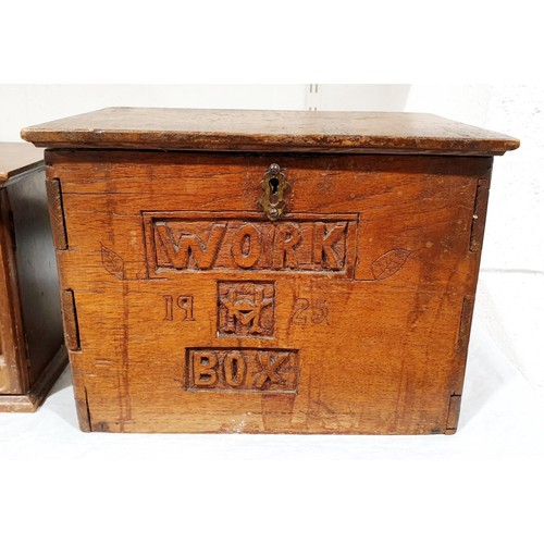 52 - An oak work box dated 1925, 21x29x19.5cm together with a jewellery box containing sewing items. UK s... 