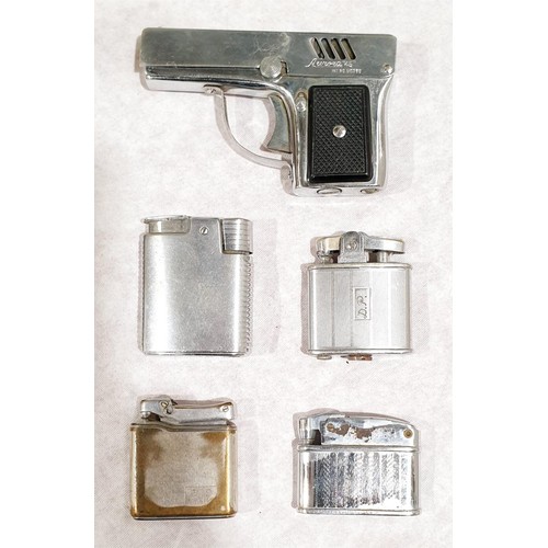 54 - Four pocket lighters including Ronson and an Awrora 45 pistol lighter. UK shipping £14.