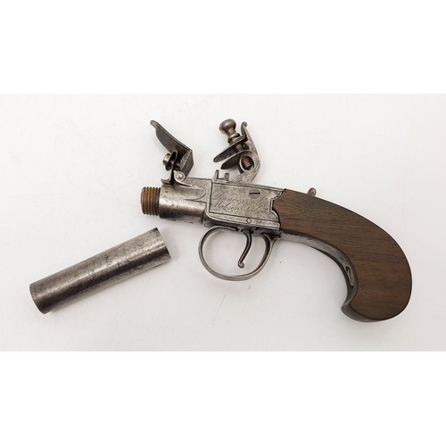 100 - A late 18th century flintlock turn-off barrel pocket pistol, by Dunderdale Mabson & Labron, length 1... 