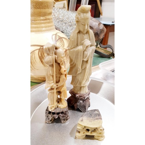 56 - Two Chinese soap stone carvings, the tallest 19.5cm together with a soap stone plinth. No shipping. ... 