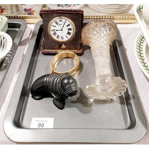 90 - A vintage travel clock A/F, a hallmarked silver rimmed glass vase which is A/F and assorted. No ship... 