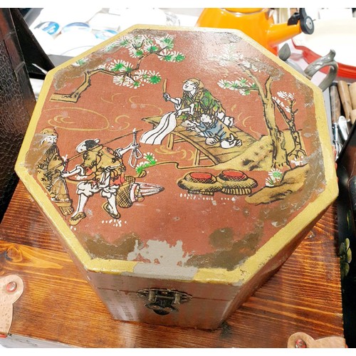 116 - A Toleware tin box, 29.5x40.5x28.5cm together with two other boxes. No shipping. Arrange collection ... 