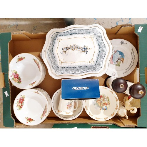 118 - Two boxes of metal ware, china and assorted including Bunnykins. No shipping. Arrange collection or ... 