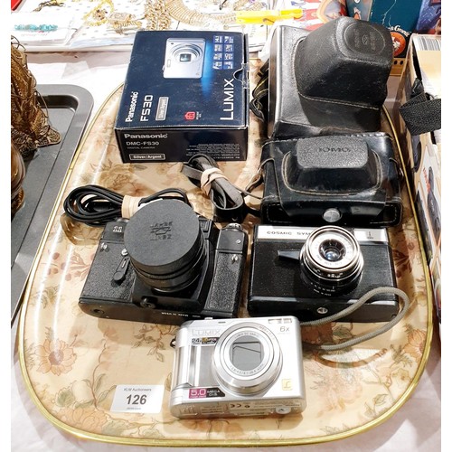 126 - A Panasonic Lumix DMC-LZ2 digital camera, a Cosmic Symbol Camera and a Zenit 11 Camera. UK shipping ... 