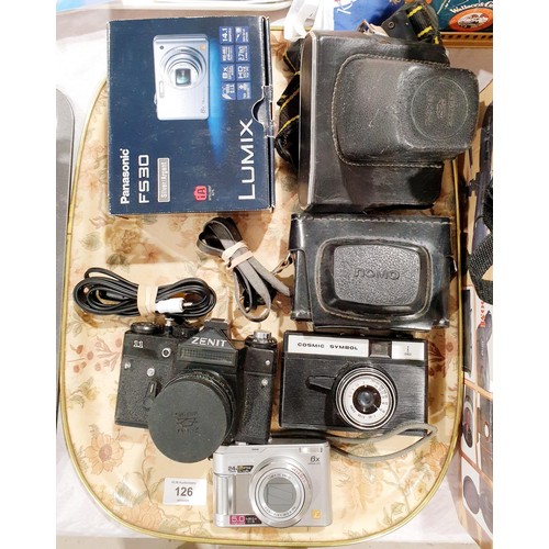 126 - A Panasonic Lumix DMC-LZ2 digital camera, a Cosmic Symbol Camera and a Zenit 11 Camera. UK shipping ... 