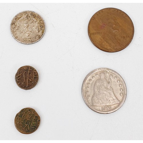 26 - United States of America: an 1830 5 cents coin, together with other coins. UK shipping £14.