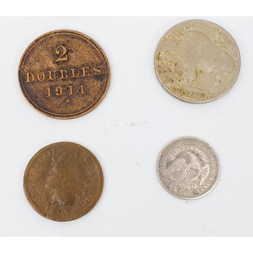 26 - United States of America: an 1830 5 cents coin, together with other coins. UK shipping £14.