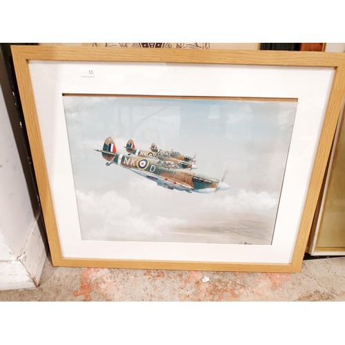 168 - T. J. Oswald (Thomas John Oswald): an oil on board painting of Spitfires, signed lower right, 30x40c... 