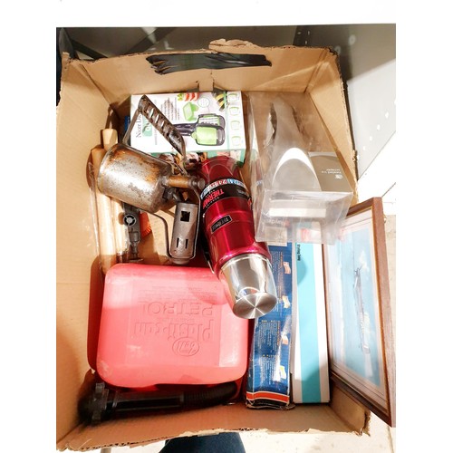 173 - A box of assorted including a blow lamp together with an unused Elle McPherson foot spa, a coffee ma... 