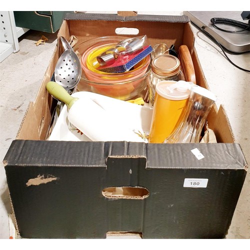 180 - A box of vintage and later kitchenware including a Nutbrown rolling pin and a Portmeirion dish. No s... 