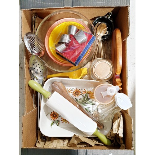 180 - A box of vintage and later kitchenware including a Nutbrown rolling pin and a Portmeirion dish. No s... 