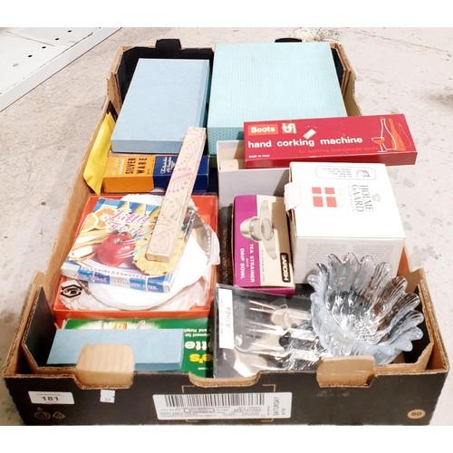 181 - A box of kitchenware including a boxed Holmegaard glass dish. No shipping. Arrange collection or you... 