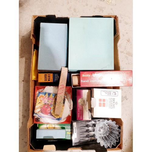 181 - A box of kitchenware including a boxed Holmegaard glass dish. No shipping. Arrange collection or you... 