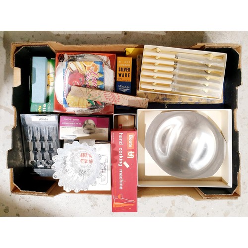 181 - A box of kitchenware including a boxed Holmegaard glass dish. No shipping. Arrange collection or you... 