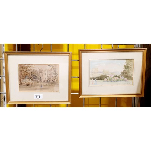 214 - Two watercolour drawings depicting figures in gardens, one dated 1843 and one dated 1872, the widest... 