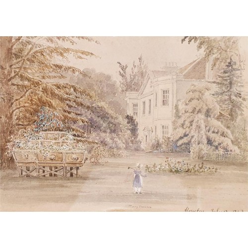 214 - Two watercolour drawings depicting figures in gardens, one dated 1843 and one dated 1872, the widest... 