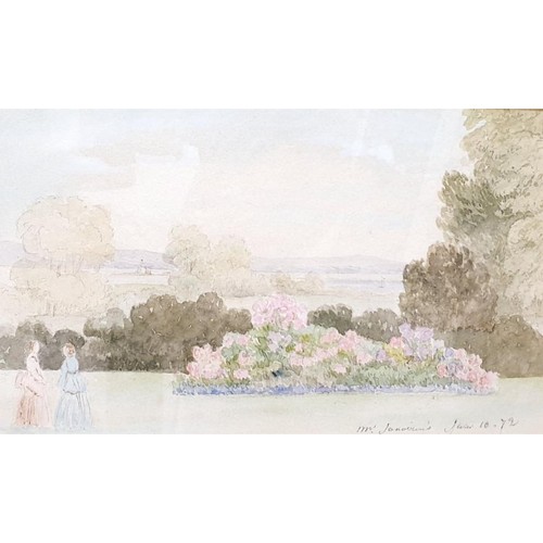 214 - Two watercolour drawings depicting figures in gardens, one dated 1843 and one dated 1872, the widest... 