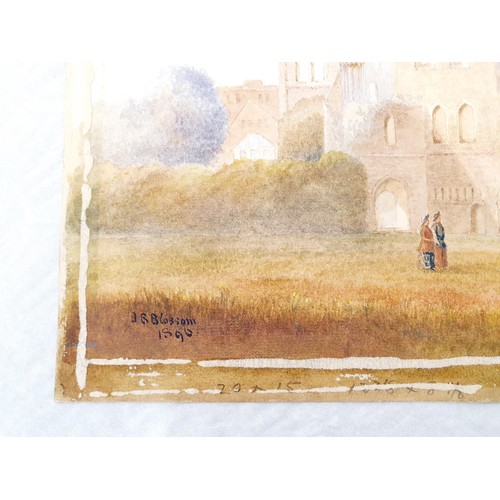 256 - J. B. Blossom: a watercolour drawing depicting figures in the grounds of a ruin, signed and dated 18... 