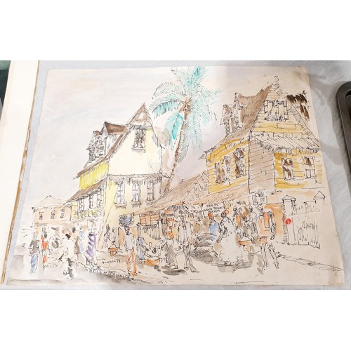 257 - Hassan Bangurad: a pen and watercolour drawing depicting a Caribbean street scene, 48x62cm. No shipp... 