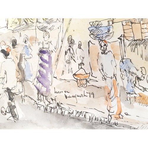 257 - Hassan Bangurad: a pen and watercolour drawing depicting a Caribbean street scene, 48x62cm. No shipp... 