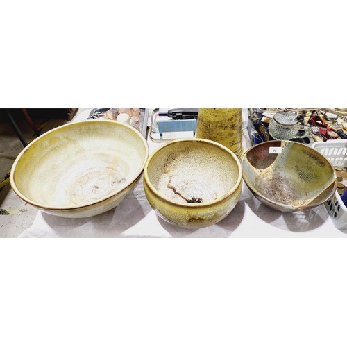 79 - Three Studio Pottery bowls, the largest diameter 38.5cm together with a Studio Pottery pedestal, hei... 