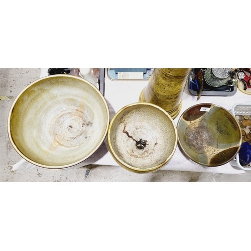 79 - Three Studio Pottery bowls, the largest diameter 38.5cm together with a Studio Pottery pedestal, hei... 