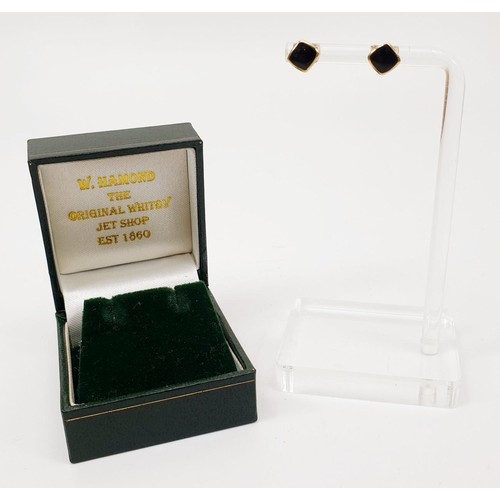 8 - A pair of hallmarked 9ct gold and Whitby jet earrings with box, gross weight 1.6g. UK shipping £14.