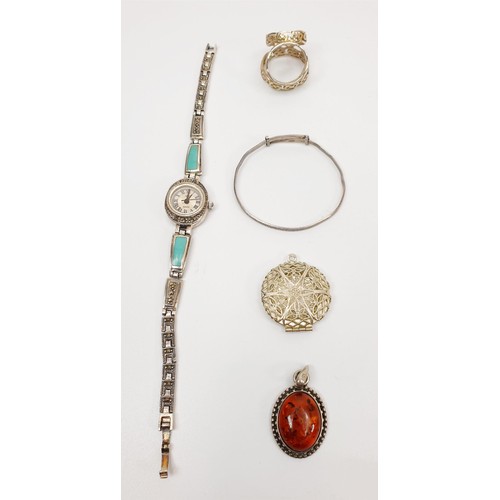 15 - A selection of silver and white metal jewellery including a silver ladies wrist watch, gross weight ... 