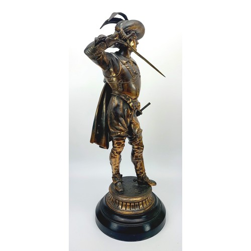 225 - An antique bronze effect spelter figure of a Cavalier, height 52cm. No shipping. Arrange collection ... 