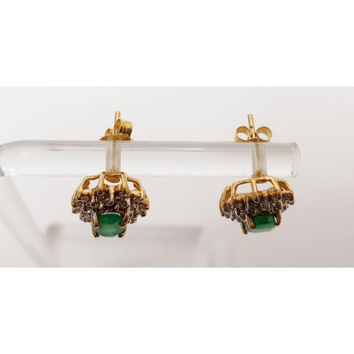 22 - A pair of hallmarked 9ct gold diamond and green stone cluster earrings, gross weight 2.4g. UK shippi... 