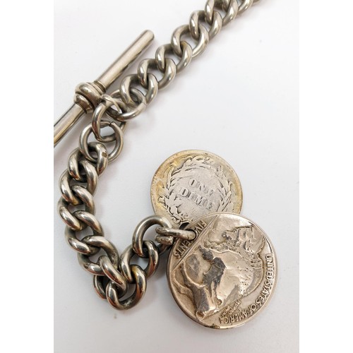 33 - A continental 800 silver cased pocket watch, A/F on a silver plated chain with coins. UK shipping £1... 