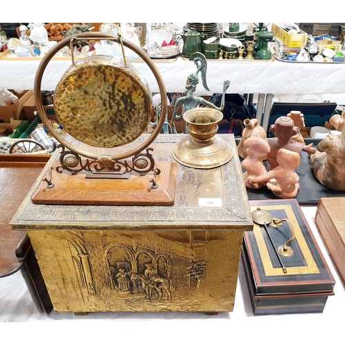 56 - A vintage brass covered coal box, width 37cm together with a dinner gong, a cash tin, keys and assor... 