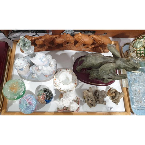 93 - A tray of assorted including a Lladro group which is A/F, height 23.5cm and paper weights including ... 