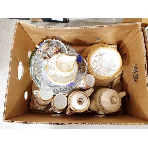 106 - Two boxes of glass and china including Denby, Bodley antique blush ivory and Hornsea Pottery.  No sh... 